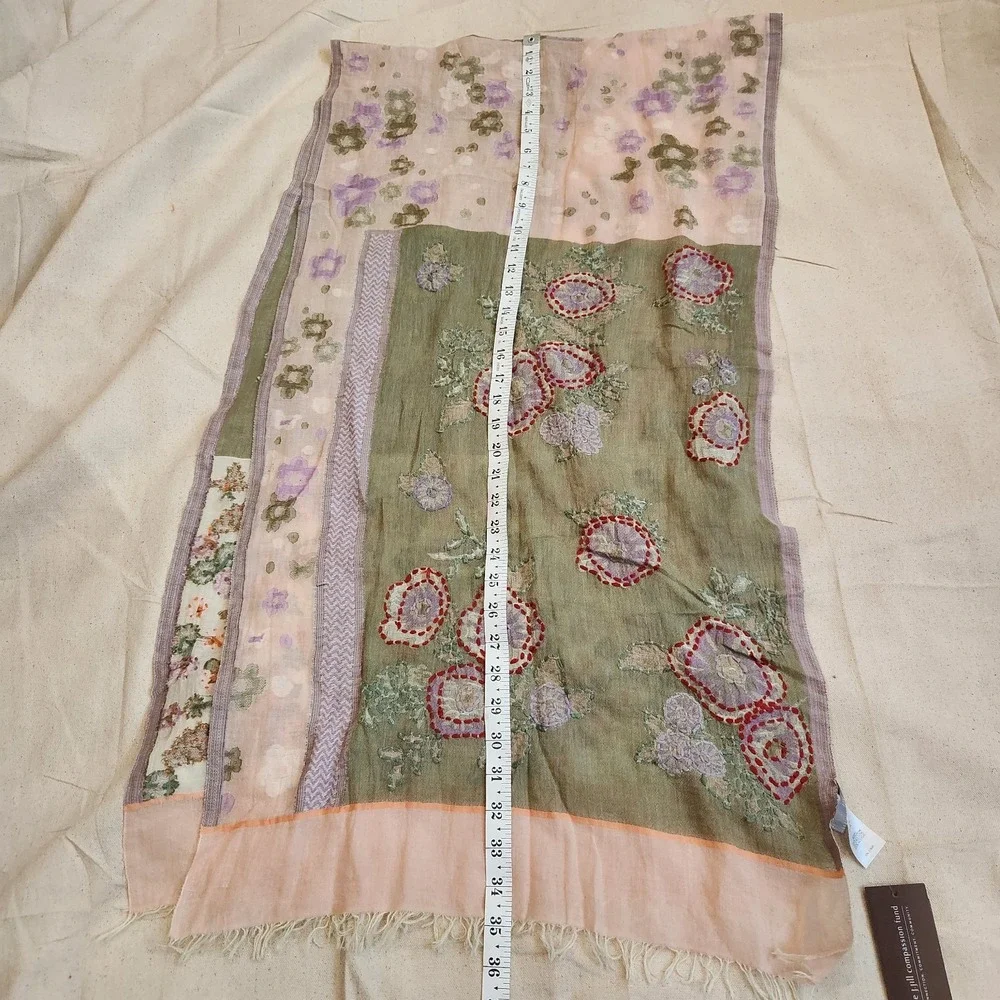 New J. Jill Cotton Floral Embroidered Fringe Scarf Pink Green Kantha Light